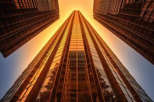 The magnificence of a towering skyscraper from a unique worm's - eye view perspective. photo