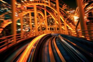 The exhilaration and thrill of a roller coaster ride at an amusement park. Generative AI photo