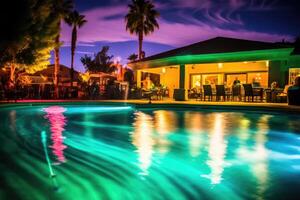 The vibrant atmosphere of a poolside party illuminated by colorful lights in a dynamic photo. photo