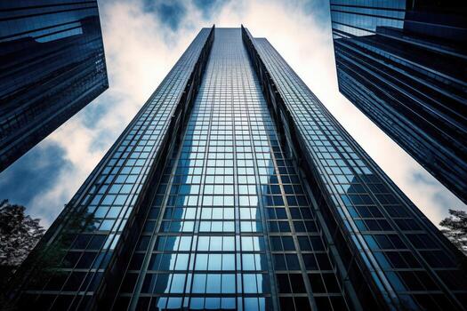 The magnificence of a towering skyscraper from a unique worm's - eye view perspective. photo
