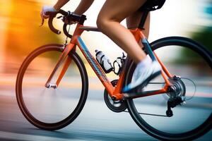 The excitement and adrenaline of a young woman cyclist in action with a close - up shot of her legs pedaling. Generative AI photo