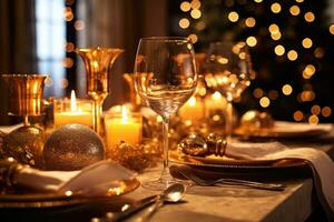 A close - up shot of a table adorned with New Year's decorations, including glittering candles, sparkling confetti, and elegant champagne glasses.  Generative AI photo