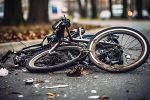 A image by capturing the aftermath of a bicycle crash on a city road. photo