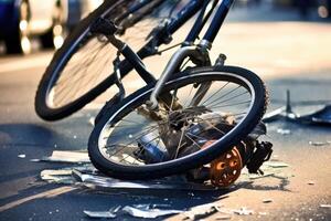 A image by capturing the aftermath of a bicycle crash on a city road. photo