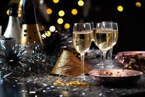 A close - up shot of a table adorned with New Year's decorations, including glittering candles, sparkling confetti, and elegant champagne glasses.  Generative AI photo