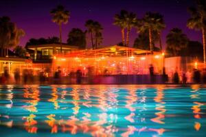 The vibrant atmosphere of a poolside party illuminated by colorful lights in a dynamic photo. Generative AI photo