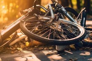 A image by capturing the aftermath of a bicycle crash on a city road. photo