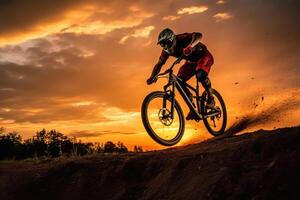 un cerca - arriba ver de el silueta de un hombre en un bicicleta saltando en el dorado puesta de sol. generativo ai foto