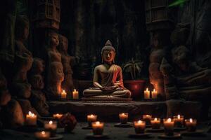 In this powerful image, a Buddha statue sits gracefully in a lotus pose, radiating a sense of calm and tranquility. photo