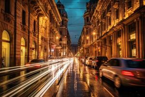 el energía y emoción de un bullicioso ciudad calle desde un dinámica diagonal perspectiva. generativo ai foto