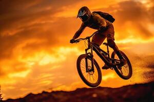 A close - up view of the silhouette of a man on a bike jumping in the golden sunset. Generative AI photo