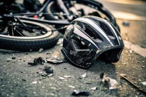 un imagen por capturar el secuelas de un bicicleta choque en un ciudad la carretera. generativo ai foto