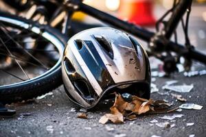 un imagen por capturar el secuelas de un bicicleta choque en un ciudad la carretera. generativo ai foto