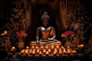 In this powerful image, a Buddha statue sits gracefully in a lotus pose, radiating a sense of calm and tranquility. photo