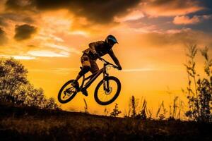 A close - up view of the silhouette of a man on a bike jumping in the golden sunset. photo