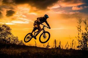 un cerca - arriba ver de el silueta de un hombre en un bicicleta saltando en el dorado puesta de sol. generativo ai foto