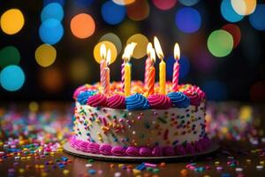 cerca - arriba foto de un cumpleaños celebracion con un hermosamente decorado pastel, vistoso velas generativo ai