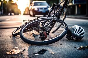 A image by capturing the aftermath of a bicycle crash on a city road. photo
