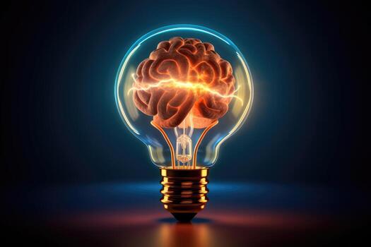 Close - up photo showcases the concept of a creative idea through the visual representation of a brain and a light bulb.