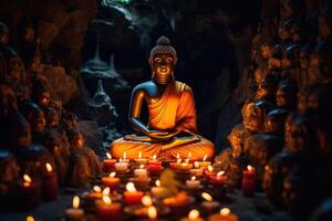In this powerful image, a Buddha statue sits gracefully in a lotus pose, radiating a sense of calm and tranquility. photo