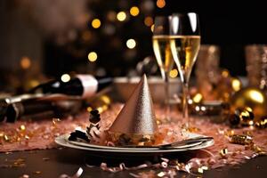 A close - up shot of a table adorned with New Year's decorations, including glittering candles, sparkling confetti, and elegant champagne glasses.  Generative AI photo