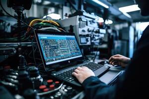 The skilled work of an automotive mechanical technician by capturing a close - up view of computer diagnostics in a garage. photo