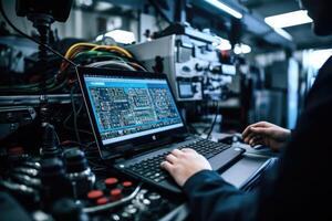 el experto trabajo de un automotor mecánico técnico por capturar un cerca - arriba ver de computadora diagnósticos en un cochera. generativo ai foto