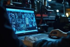 The skilled work of an automotive mechanical technician by capturing a close - up view of computer diagnostics in a garage. photo