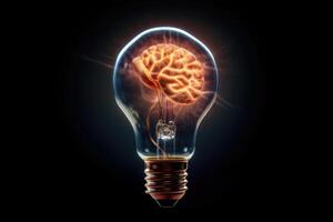 Close - up photo showcases the concept of a creative idea through the visual representation of a brain and a light bulb. Generative AI