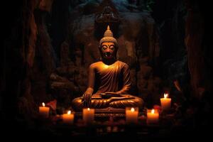 In this powerful image, a Buddha statue sits gracefully in a lotus pose, radiating a sense of calm and tranquility. photo