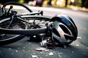 un imagen por capturar el secuelas de un bicicleta choque en un ciudad la carretera. generativo ai foto