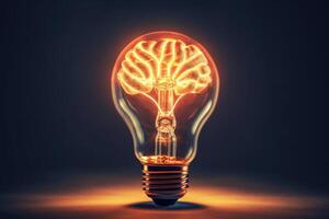 Close - up photo showcases the concept of a creative idea through the visual representation of a brain and a light bulb.