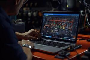 The skilled work of an automotive mechanical technician by capturing a close - up view of computer diagnostics in a garage. photo