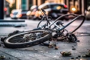 A image by capturing the aftermath of a bicycle crash on a city road. Generative AI photo