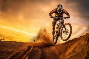A close - up view of the silhouette of a man on a bike jumping in the golden sunset. photo