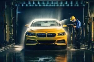 Professional car washing photo. Adult car washer in uniform using a high - pressure cleaner to clean a performance car in a dark room. Generative AI photo