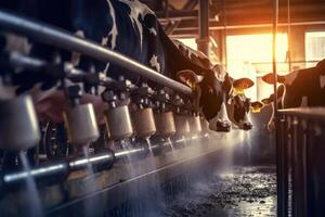 A close-up view of cows during the milking process. Generative AI photo