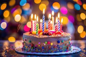 Close - up photo of a birthday celebration with a beautifully decorated cake, colorful candles. Generative AI