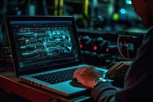 The skilled work of an automotive mechanical technician by capturing a close - up view of computer diagnostics in a garage. photo