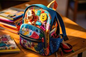 The different textures and colors of the backpacks worn by a group of multicultural children. Generative AI photo