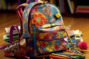 The different textures and colors of the backpacks worn by a group of multicultural children. photo