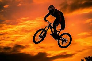 un cerca - arriba ver de el silueta de un hombre en un bicicleta saltando en el dorado puesta de sol. generativo ai foto