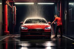 Professional car washing photo. Adult car washer in uniform using a high - pressure cleaner to clean a performance car in a dark room. Generative AI photo