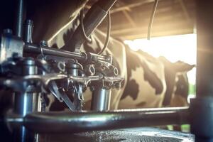 A close-up view of cows during the milking process. Generative AI photo