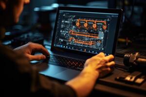 The skilled work of an automotive mechanical technician by capturing a close - up view of computer diagnostics in a garage. photo