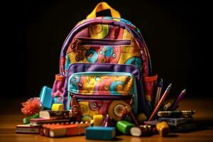 The different textures and colors of the backpacks worn by a group of multicultural children. Generative AI photo