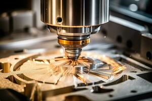 CNC machine photo. A close - up of a milling process. Generative AI photo