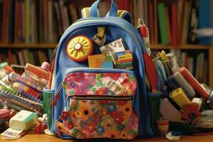 The different textures and colors of the backpacks worn by a group of multicultural children. Generative AI photo