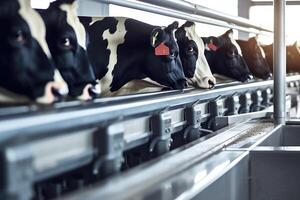A close-up view of cows during the milking process. photo