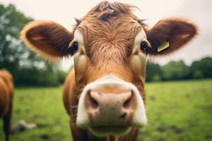 Close - up view of a cow grazing peacefully in a green pasture. Generative AI photo